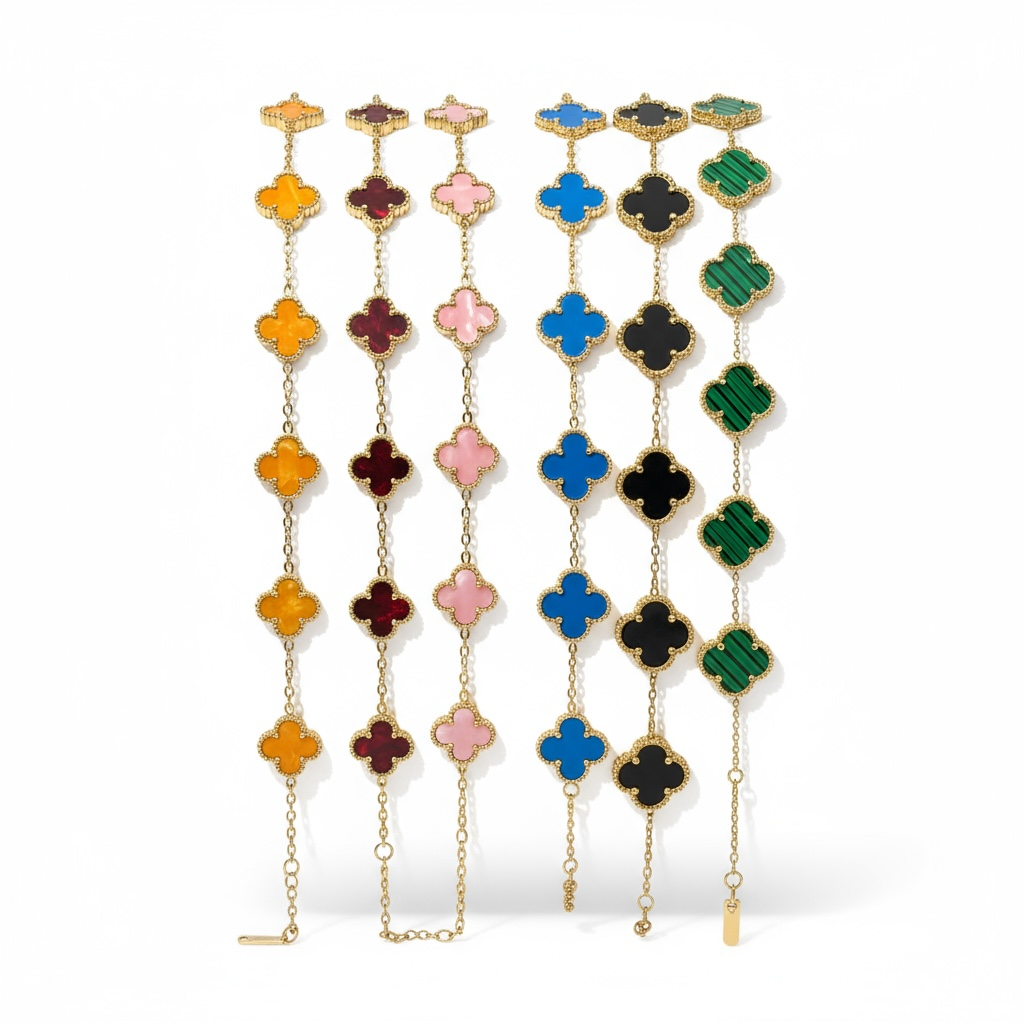 Guldpläterat Armband med 5 Klöverblad - Rostfritt Stål